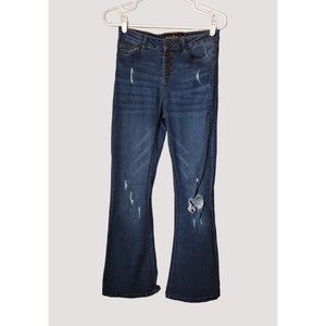 Indigo Rein Jeans Womens 3 Button Fly Stretch Distressed Flare